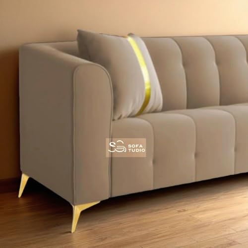 Image of Chesterfield Velvet Upholstery 3-Seater with Armchair and Footrest, Design in 3+1+Footrest Sofa for Living Room, Bedroom, Hallways (Tan Beige)
