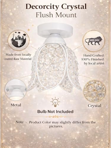 Image of Modern Crystal Flush Mount Ceiling Light | Gold Finish Decorative Ceiling Lamp for Hallway, Bedroom, Living Room, Balcony & Foyer | Warm Light Home Decor Fixture (White Lotus)