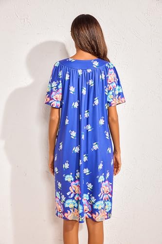 Image of Ekouaer Womens House Dress Floral Print Nightgown with Pockets Mumu Dress | V Neck Nightgowns for Women Pleated Short Sleeves Mumu Dresses Knee Length Moo Moo for Sleep, Daily Wear, Vacation, Party