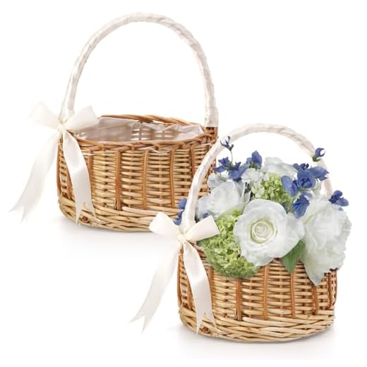 Lyellfe 2 Pack Flower Girl Basket, Handmade Wicker Rattan Basket with Handle Silk Ribbon, Decorative Eggs Candy Basket for Gifts, Wedding, Camping, Home Decor