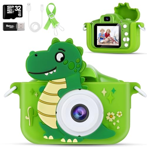 AWANKOU Kids Selfie Camera for Girls - 1080P Digital Camera with Soft Silicone Case, 32GB Storage for Kids 3-12 Years (Dinosaur Design)