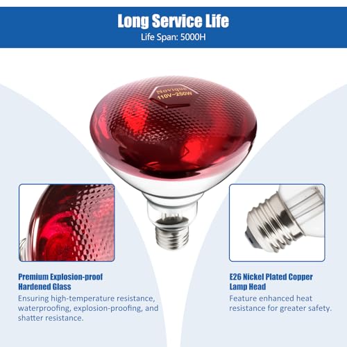 Novique 250W Heat Lamp Bulbs 1 Pack Infrared Heat Lamp for Chickens with E26 Socket and 5000 Hours Lifespan Heat Light Bulb for Pets Chicks Reptile Food Service Brooder Coop - Thumbnail 5
