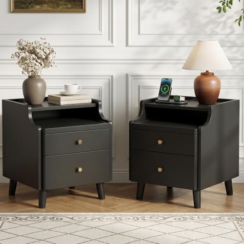 Image of Nightstand Set of 2, Pre-Assembled, 19.7 inchH Solid Wood Night Stand with 2 Drawers, Open Sliding Shelf, Mid Century Modern Small Bedside Table for Bedroom, Black 16 inch