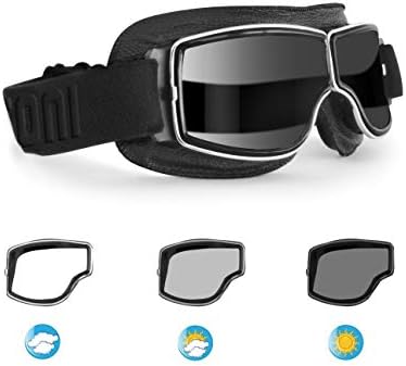 Bertoni Aviator Motorcycle Vintage Goggles Photochromic Lenses F188PH Motorbike Sunsensor Black Leather Glasses for Helmets