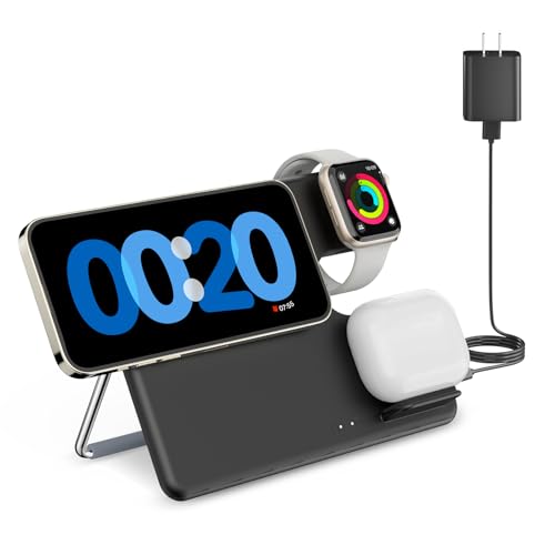 Image of 3 in 1 Wireless Charger Stand for Magsafe: 𝟮𝟬𝟮𝟰 𝗡𝗲𝘄 Charging Station for iPhone 15 /14 /13 /12 Series - Magnetic Phone Pad for Apple Watch Ultra 2 /Series 9 /8 /7 /6 /5 /4 /3 /2 /SE, AirPods Pro 3rd /2nd