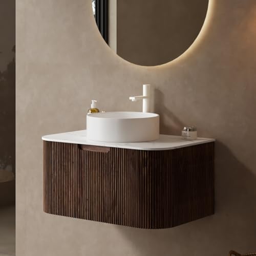 Image of KEIKI 30 inch Bathroom Vanity Cabinet with Sink Combo, Wall Mounted Curved Edges Striped Floating Bathroom Vanity with Soft-Close Drawer, White Round Ceramic Basin Without Faucet, Dark Walnut
