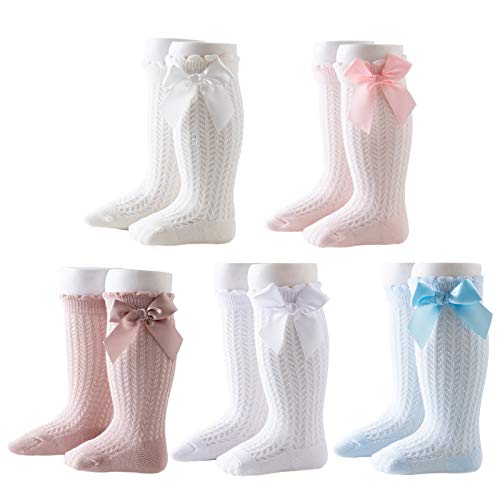 Baby Girls Knee High Socks Cute Stockings 5 Pairs Unisex Infants Toddler Long Sock Leggings Tights for Baby Infants 0-2 Years