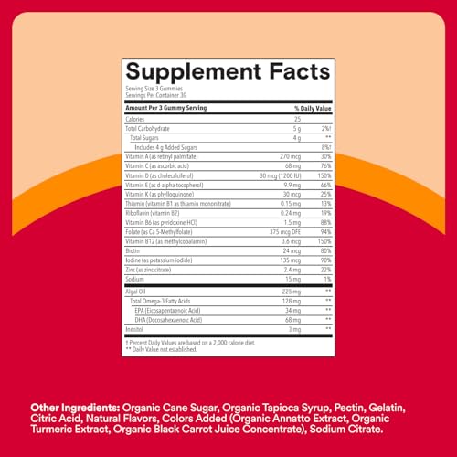 SmartyPants Plus Multi & Omegas Men and Women's Multivitamin Gummies with Omega 3 DHA/EPA, Vitamin D3, C, B12, B6, A, K, Zinc, Biotin, Clean Label, Three Fruit Flavors, 90 Count (30 Day Supply) - image 3
