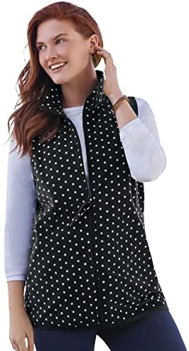 Woman Within Women's Plus Size Zip-Front Microfleece Vest - 2X, Black White Dot