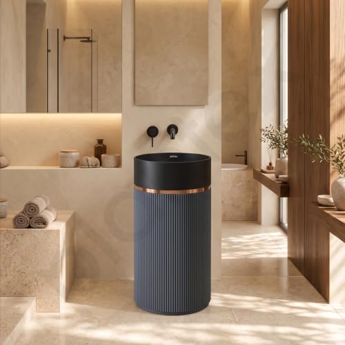 Image of Plantex Pedestal Wash Basin /Acrylic Resin & Quartz Free Standing Wash Basin /Round Basin For Bathroom /Home /Hotel /Restaurant- (Black & Grey, 16 X 16 X 34 Inch)
