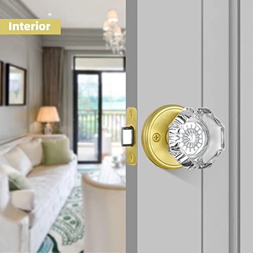 Clctk Octagon Crystal Glass Door Knobs Gold Door Knob, Passage Function Interior Door Knobs For Hall Closet, Satin Brass Finish #TOP2