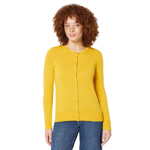 Amazon Essentials Women's Lightweight Crewneck Cardigan Jumper (Available in Plus Size), Dark Yellow, XS
