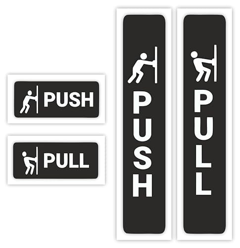 Two Pairs (4 pieces) Self-Adhesive Push Pull Door Signs for Commercial Premises (4 Pack Mixed Sizes) / Gloss Vinyl Sticker Push And Pull Signs For Doors/Removable And Wipeable (BLACK)
