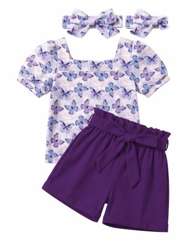 Image of Arshiner Toddler Girls 3 Piece Outfit Set Puff Sleeve Square Neck Top with Shorts and Matching Headband Summer Clothes 2T-8Y