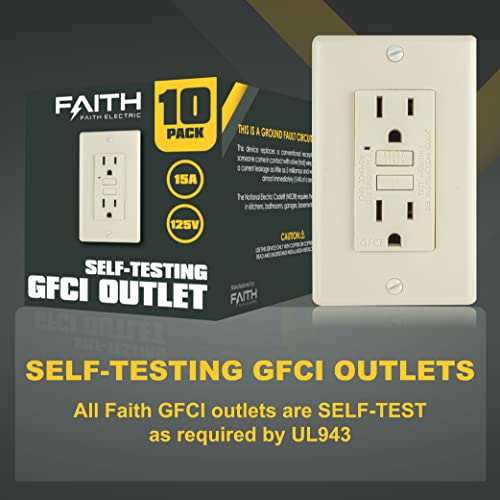 Faith [10-Pack] 15A Gfci Outlets, Non-Tamper-Resistant Gfi Duplex Receptacles With Led Indicator, Self-Test Ground Fault Circuit Interrupter With Wall Plate, Etl Listed, Light Almond, 10 Piece #TOP1