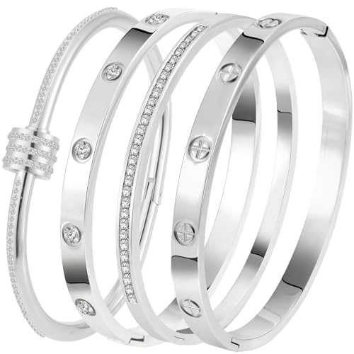Stainless Steel Bangle Bracelet Set for Women - Silver/Gold Love Bangle Non Tarnish Jewelry with Sparkling Crystal Inlay for Love Gifts