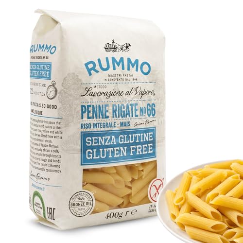 Pasta Rummo Penne Rigate SIN Gluten Nº66, Pasta Italiana, Pasta alimenticia con harina de arroz integral y maíz, Sin gluten, Elaboración lenta, Tiempo de cocción 12 minutos, 1 Paquete de 400 gr