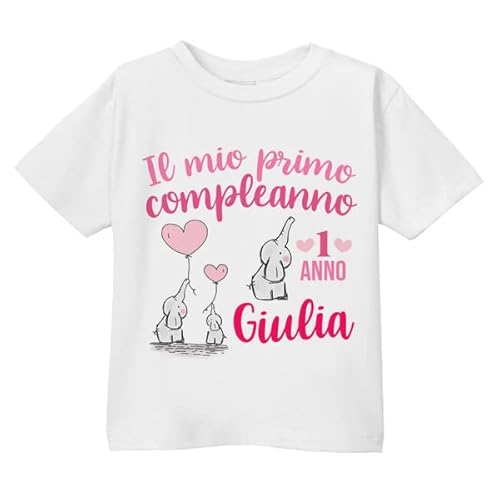 T-Shirt Maglietta Bimba Primo Compleanno 1 Anno Personalizzata con Nome! Elefantino Carino! (Taglia 1-2 Anni Come da Tabella)