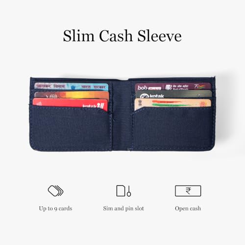 Image of Bellblock Slim Sleeve Canvas Wallet for Men /Women | Minimal Handcrafted Bifold Wallet | with Sim, Mobile Pin & Hidden Extra Card Slots | Navy Blue