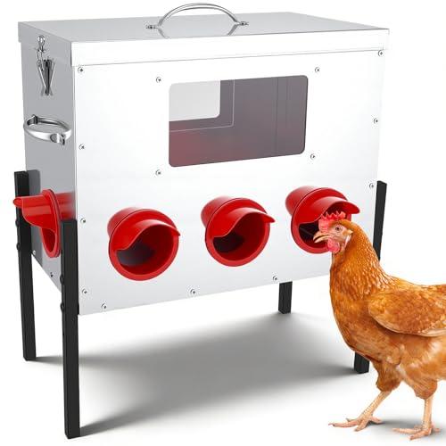 10gal 55LB Large Automatic Chicken Feeder, 8 Port No Waste Design with Window, Rust-Proof Alloy Steel with Locking Lid and Adjustable Legs, Rodent Proof Waterproof Silo for Hens, Ducks, Geese