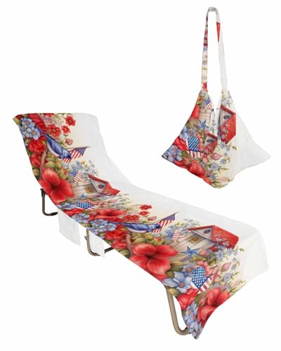 4th of July Beach Lounge Chair Towel Cover, Soft Chaise Lounge Towel with Side Pockets Patio Pool Chairs Cover for Beach/Pool Sunbathing 29x85 Independence Day Floral Birds Farmhouse