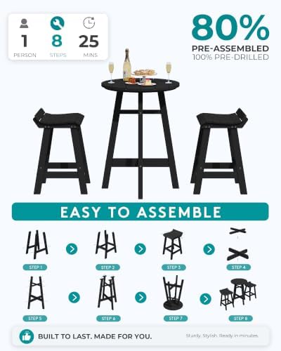 SERWALL 3-Piece HDPE Patio Bar Table Set (with 2 Bar Stools), Black - 4