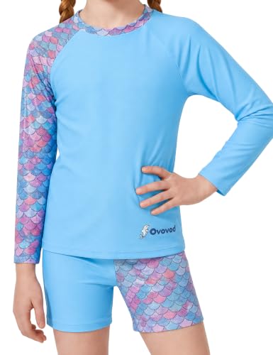 Image of Girls Swimsuit Two Piece Rash Guard Set for 4-14 Years UPF 50+ UV Protective Long Sleeve Swimwear