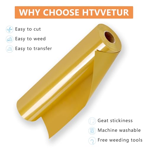 Image of HTVVETUR Gold HTV Iron on Vinyl 12Inch by 35ft Heat Transfer Vinyl for T-Shirt HTV Rolls for All Cutter Machine - Easy to Cut & Weed (35ft, Golden)
