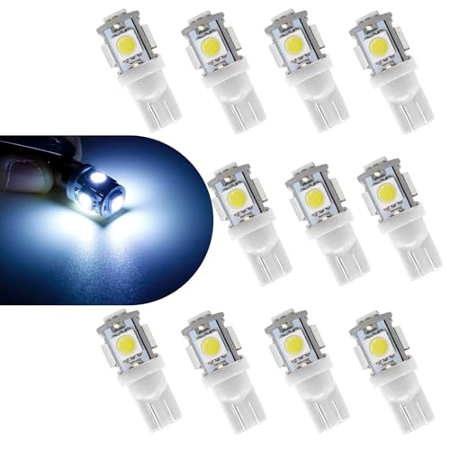 Zikefest 10PCS T10 Car LED Light Bulb, Wedge LED Bulb 5SMD 5050 Chips, 12V Dash Bulbs Replaces 194 158 168 193 198, Auto Interior Lights for Dome Map, Trunk, dashboard (White)