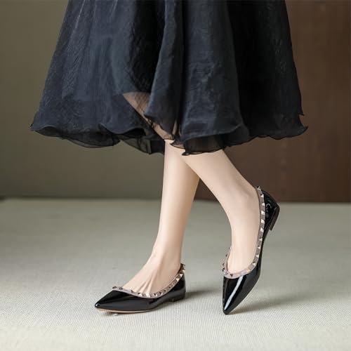 Women Fashion Patent Leathe Studded Rivet Slip on Flat Shoes Summer Closed Pointed Toe Shallow Mouth Comfortable Dress Walking Flat Shoes4