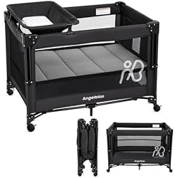 ANGELBLISS Pack and Play, Baby Bassinet Bedside Crib with Changer, Black | One-push setup, mattress, breathable mesh, adjustable height, wheels, and storage basket