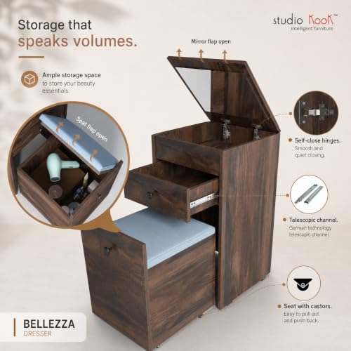 Image of Studio Kook Beleza Dressing Table with Mirror & Seat, Junglewood | Engineered wood dresser with lift-up mirror, drawer and pull-out cushioned storage seat; compact closed size 45 x 45 x 80 cm.