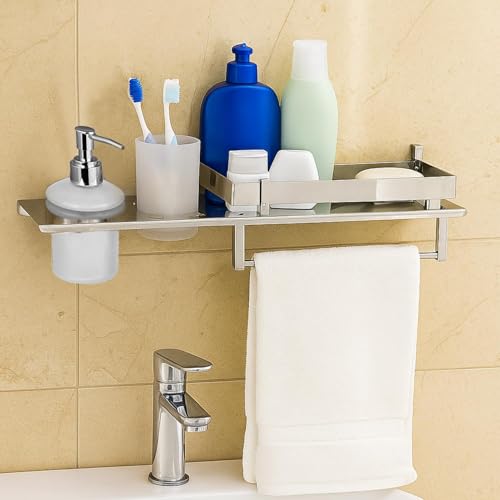 Image of Zureni 4-in-1 Shelf Rack for Bathroom 304 Grade Stainless Steel Multipurpose Towel Hanger Liquid Dispenser Toothbrush Holder Wall Mount Accessories Storage Stand Home Washroom (1 Pc, 18 inchx5 inch, 1010)