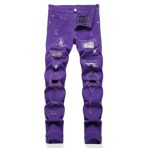 GHYYHG Men's Ripped Patch Elastic Jeans Fashion Slim Fit Regular Denim Pants(32,238011 Purple White)