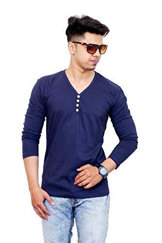 Image of Men's Cotton Full Sleeves V-Neck Casual T-Shirt (Blue)
