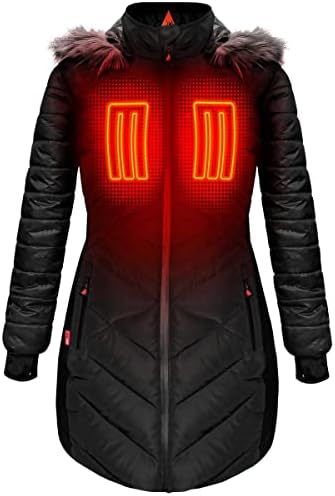 ActionHeat 5V Battery Heated Long Puffer Jacket for Women w/Faux-Fur Hood, Tri-Zone Heating, Touch Control, Power Bank