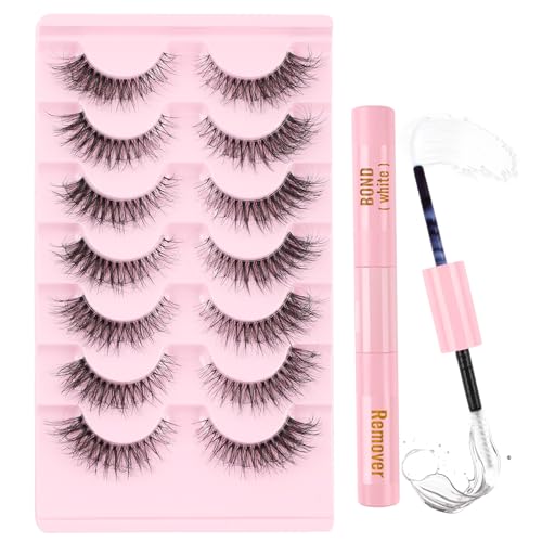 Poiuyoiu Fluffy Clear Strip Wimpern-Set mit Kleber und Entferner für Künstliche Wimpern Wispy Cat Eye Lashes 7 Paar Natürlich Aussehende Wimpern Wiederverwendbare 3D-Streifen-Wimpernverlängerung