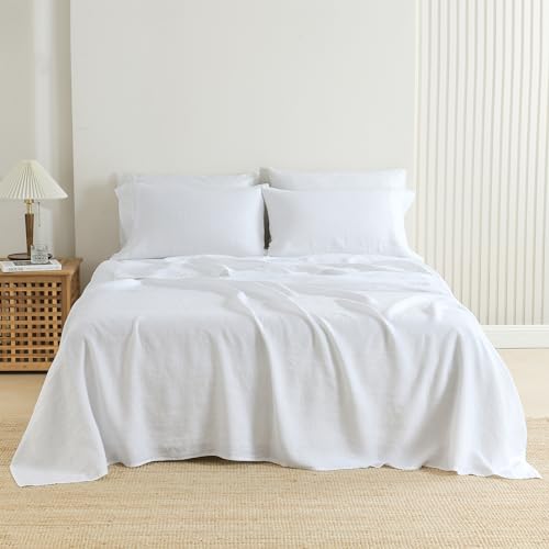 NORTH HOME 100% French Linen Linen Sheets Queen Size, Stonewashed Pure Linen Bed Sheets with 16" Deep Pocket, Cooling Durable 4 Pcs Flax Linen Bedding Sheets & Pillowcases, White