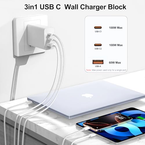 Image of 100W USB C Charger Block,2Pack 3-Port PD&AC GaN Super Fast USB C Charging Block Wall Charger Adapter Plug for MacBook Pro /MacBook Air,iPhone 17 Pro Max /17 Air /16 Plus /16E /15,iPad Pro /Air /Mini and More