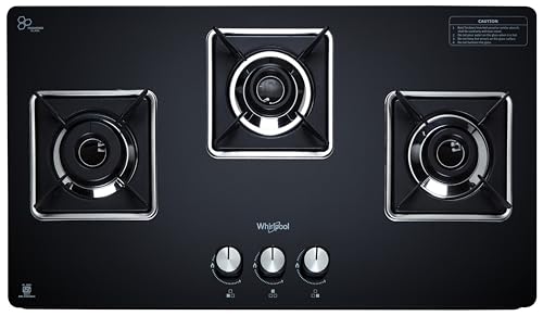 Image of Whirlpool 75cm 3 Burner Auto Ignition Gas Stove | SABAF Brass Burners & Valves | 8mm Thick Toughened Black Glass | 10-Year Burner & Valve and 5-Year Glass Warranty | GRANDIOSA ULTRA LOTUS 753 CT AI BR