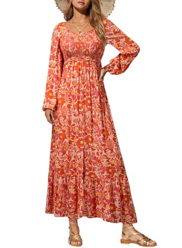 Dokotoo Sundresses for Women 2025 Smocked Waist Long Sleeve Button Down Square Neck Flowy Cute Boho Beach Vacation Sun Dress Elegant Classy Ruffle Long Maxi Dresses Western Outfit Orange Large