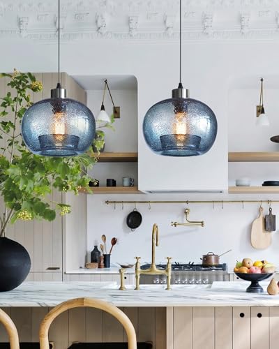 Image of CASAMOTION Hand Blown Glass Pendant Lights Kitchen Island Marble Blue Color Modern Rustic Style Ceiling Hanging Light Fixtures Dining Room Brushed Nickel 8.7 Inch Diameter 2 Pack
