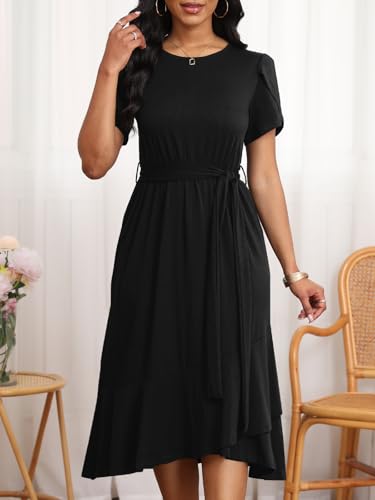 Image of PerZeal Women's Summer Dress Casual Ruffle Sleeve Crewneck A-Line Tiered Flowy Short Sleeve Long Dress with Belt