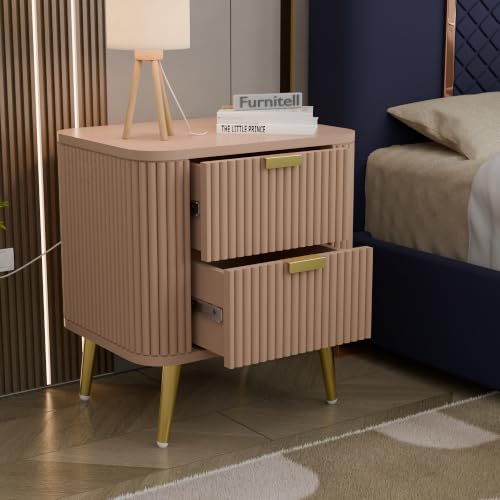 Image of Premium HDMR Wood Bedside Table with 1 Drawer & Open Storage Shelf, Fluted Nightstand with Golden Legs for Bedroom, Modern End Table, for Living Room | Taupe Finish, Set of 2