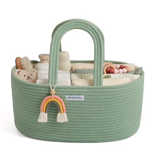 Image of Blissful Diary Baby Diaper Caddy Organizer, Cotton Rope Diaper Caddy Basket, Oval Storage Basket, Gift for Baby Shower, Newborn Essentials, Green