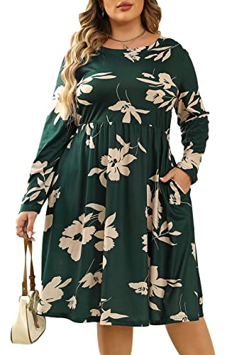 Image of Nemidor Women's Round Neck Long Sleeve Casual Plus Size Fit and Flare Midi Dress with Pocket NEM169