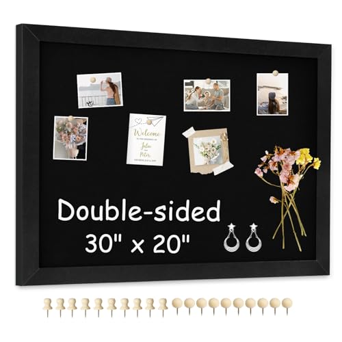 AMUSIGHT Double-Sided Wood Framed Cork Board with Linen, 30" x 20"（Black）