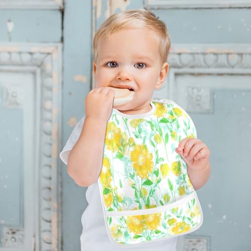 MCHIVER Yellow Flower Leaves Baby Bibs for Boy Girl Toddler Waterproof Feeding Bib Apron with Food Cather Adjustable Cotton Food Eating Bib 2 Pack4