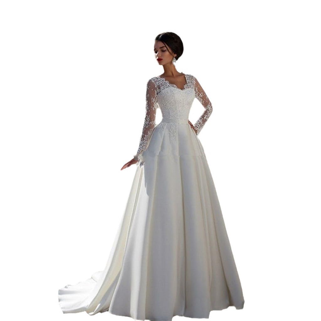 Vestido de Novia de Encaje de Manga Larga de Cola Larga Vestido de Novia Romántico Blanco Francés Vestido de Noche Mujer Grande, Blanco, US12