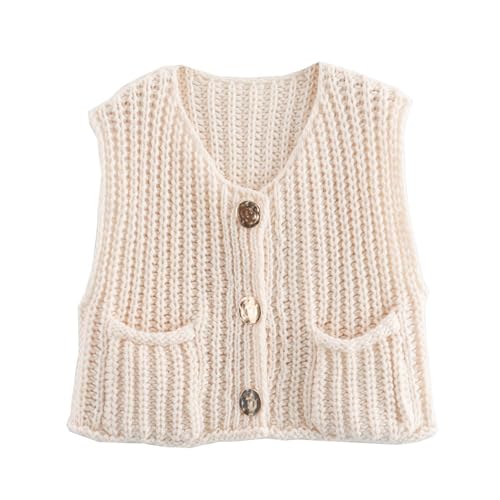FindThy Women’s Cropped Sweater Vest Cute Crewneck Button Down Sleeveless Crop Knit Cardigan with Pocket